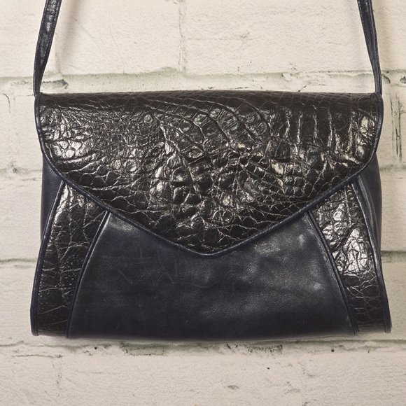 SHARIF Black And Navy Embossed Leather Crocodile Pattern Crossbody EUC - Picture 1 of 7